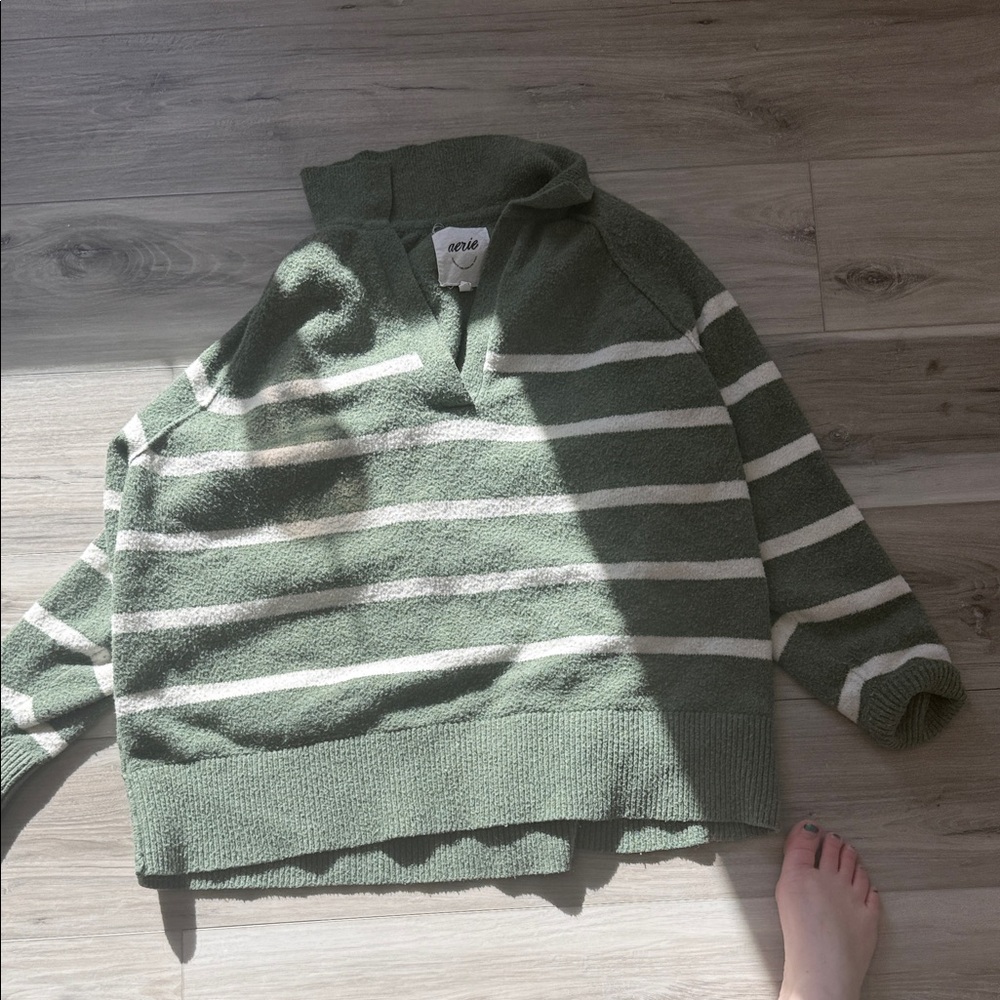 Aerie Olive and Cream V-Neck Sweater